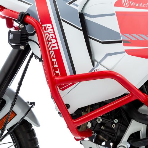 Комплект захисних дуг Wunderlich червоні на мотоциклі Ducati DesertX (у поєднанні із захисною пластиною двигуна Ducati Offroad)